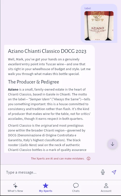 A chat in the app: the user sends a photo of a wine label and the Xpert replies with a detailed, formatted answer, followed by the line that Xperts are AI and can make mistakes